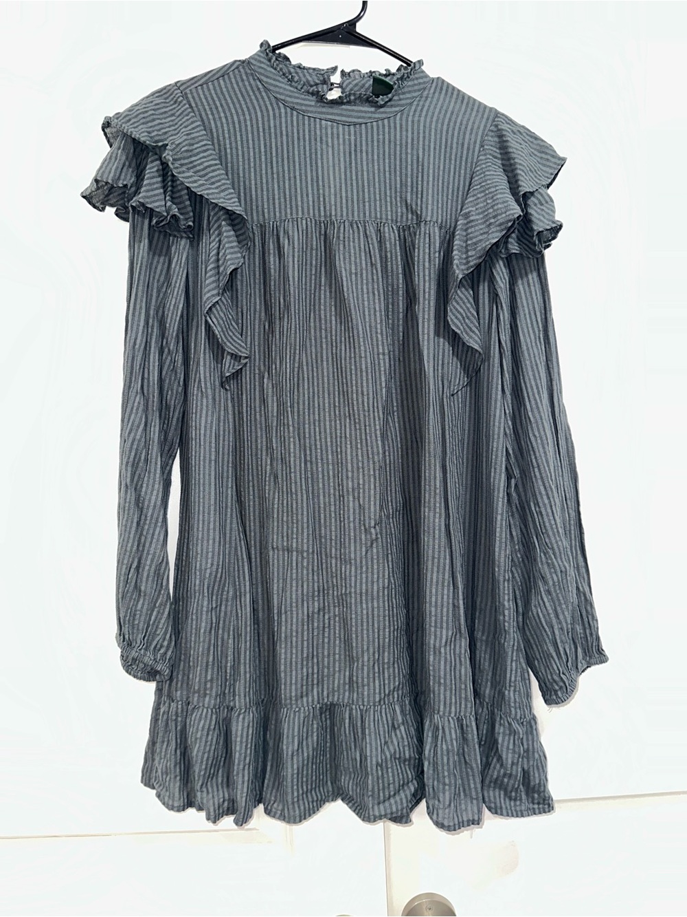 Wild Fable Ruffled Long-Sleeve Striped Mini Dress Gray